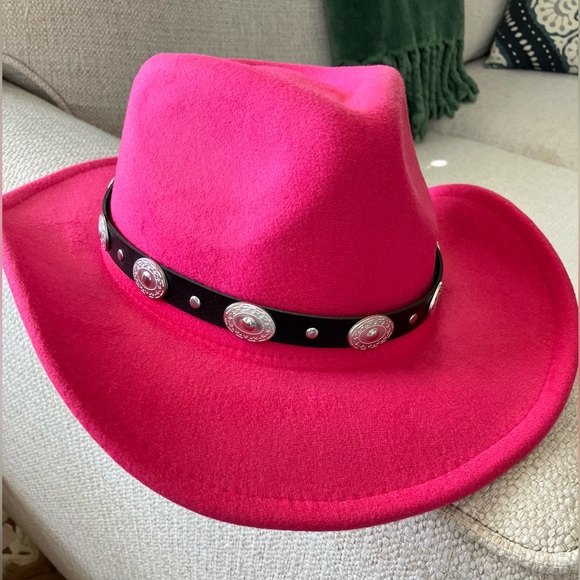 Women’s Pink Cowboy Hat With Black/Silver Removable Band, Adjustment Pull String - Picture 1 of 14